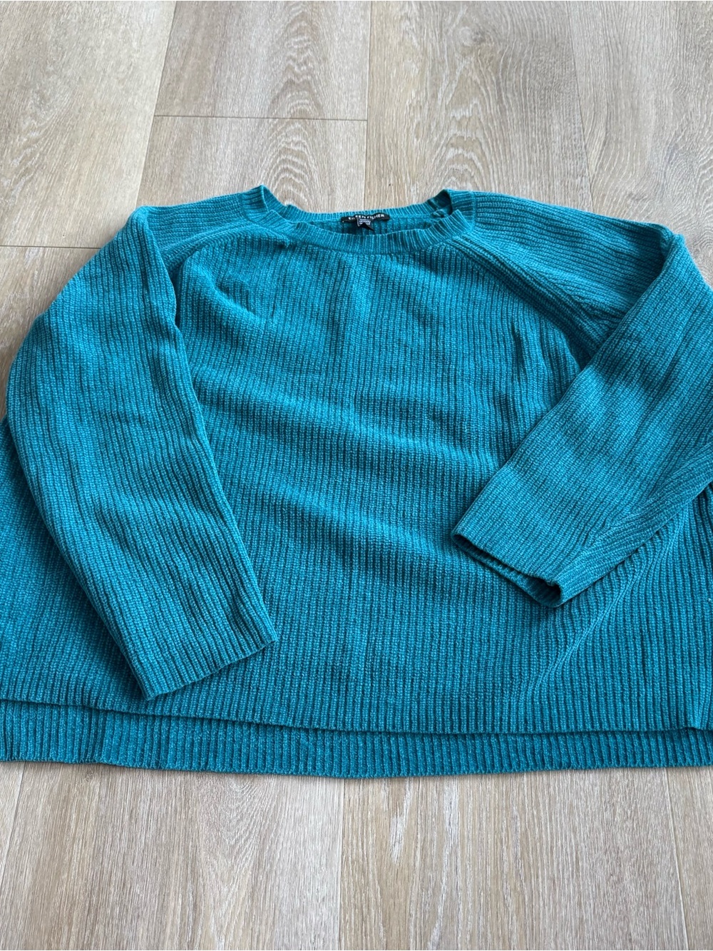 Eileen Fisher Cotton Teal Ribbed Knit Pullover Sweater